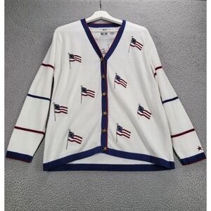 STORYBOOK Knits Sweater Size MEDIUM Stars Stripes Flags White Button Up